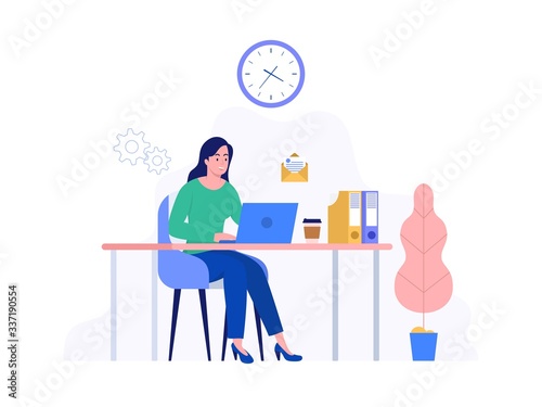 Happy woman working at home with laptop , freelance, coworking space, vector concept illustration, woman freelancer working on computer, can use for, landing page, template, ui, web, homepage, poster