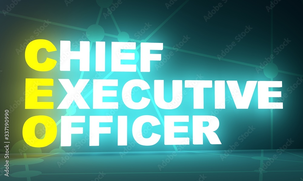 CEO - Chief executive officer acronym. Business concept background. 3D rendering. Neon bulb illumination