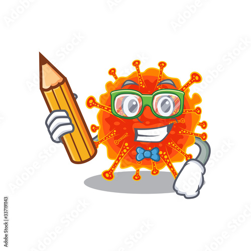 A brainy student riboviria cartoon character with pencil and glasses