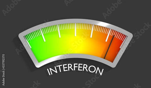 Interferon level scale with arrow. The measuring device icon. Sign tachometer, speedometer, indicators. Infographic gauge element. 3D rendering photo