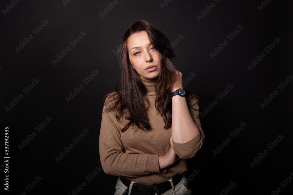 Burnout caucasian girl tired looks at camera. Isolated black background Burnout caucasian girl tired looks at camera. Isolated black background