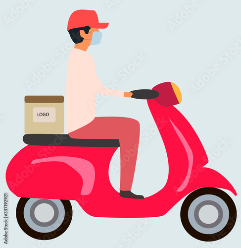 food deliverer on a moped in a mask with a box