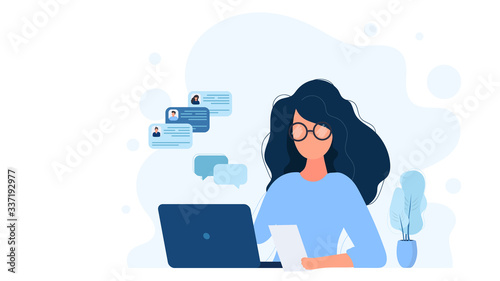 The girl works at a laptop. Flat style. Good for image work, office, hiring staff. Vector illustration.
