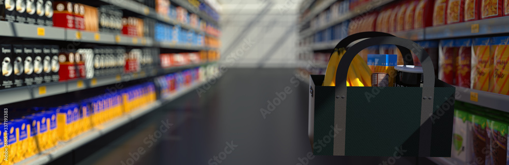 
Grocery shopping social distancing, physical distancing, shopping aisle, delivery service, weekly grocery shopping. No people. 3D rendering