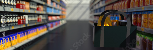  Grocery shopping social distancing  physical distancing  shopping aisle  delivery service  weekly grocery shopping. No people. 3D rendering