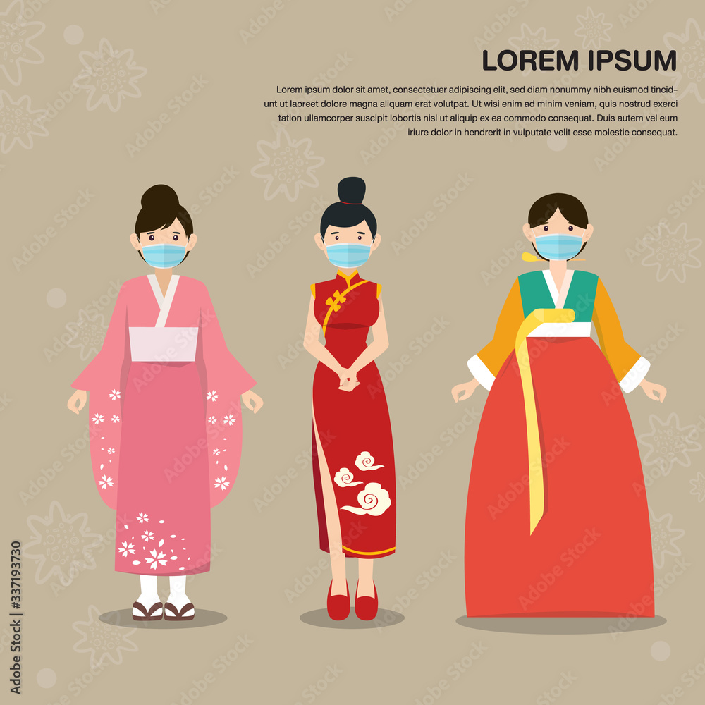 Illustration of epidemics Virus information.Asian national costume women wear mask. Illustration of epidemics Virus information.Asian national costume women wear mask.