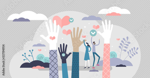 Volunteering ready vector illustration. Raised hands flat tiny person concept