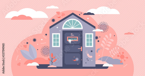 Stay home vector illustration. Scared human in house flat tiny person concept