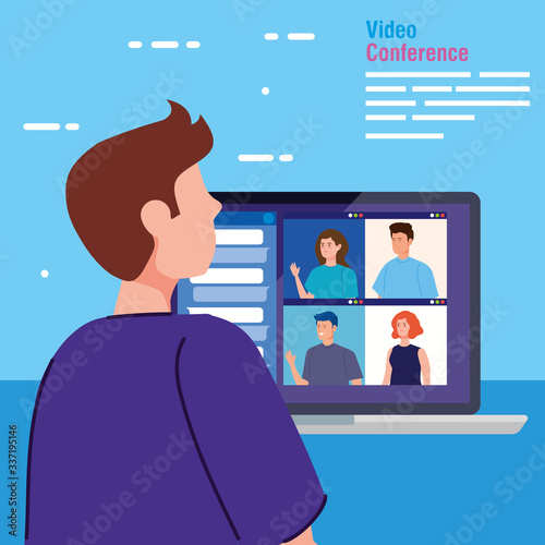 man in video conference from the laptop vector illustration design