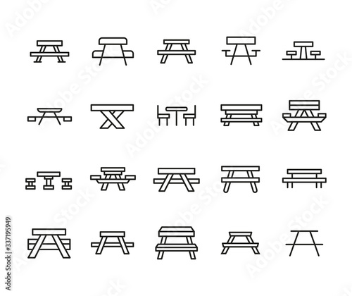 Simple set of picnic table icons in trendy line style.