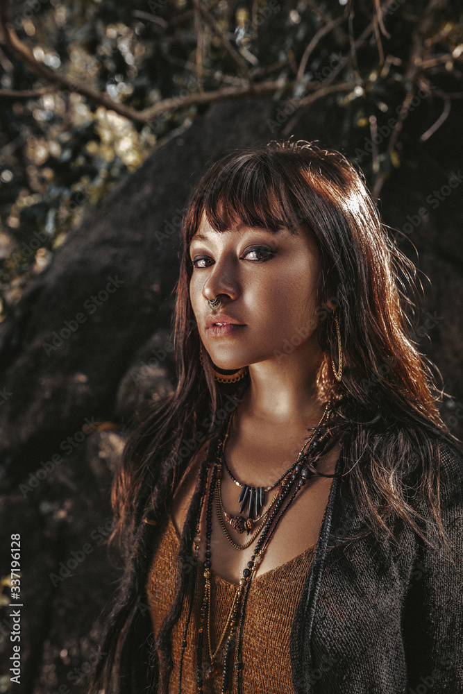 beautiful young stylish tribal style woman outdoors portrait beautiful young stylish tribal style woman outdoors portrait