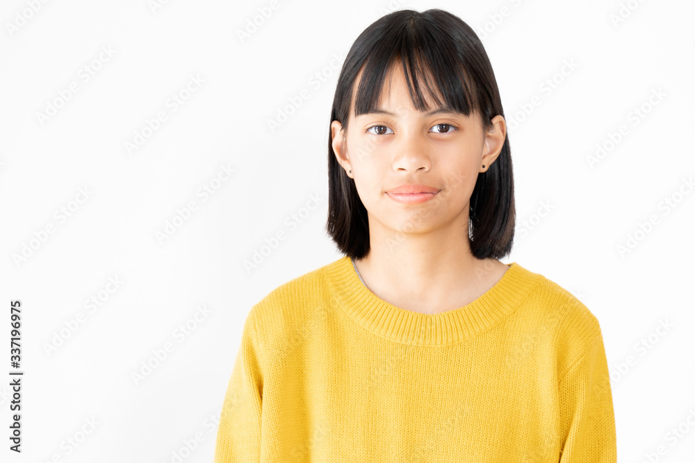 Portrait of Girl Wearing Yellow Swather with Attractive Black Eyes and Dental Brace Smiling and Happy on White Background Portrait of Girl Wearing Yellow Swather with Attractive Black Eyes and Dental Brace Smiling and Happy on White Background