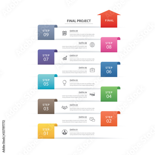 9 data infographics timeline tab paper index template. Vector illustration abstract background. Can be used for workflow layout, business step, banner, web design.