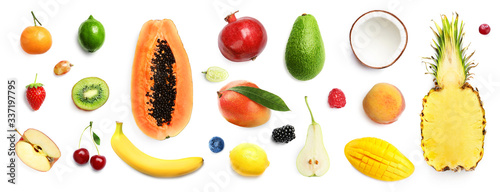 Fototapeta Naklejka Na Ścianę i Meble -  Flat lay composition with different fruits on white background. Banner design