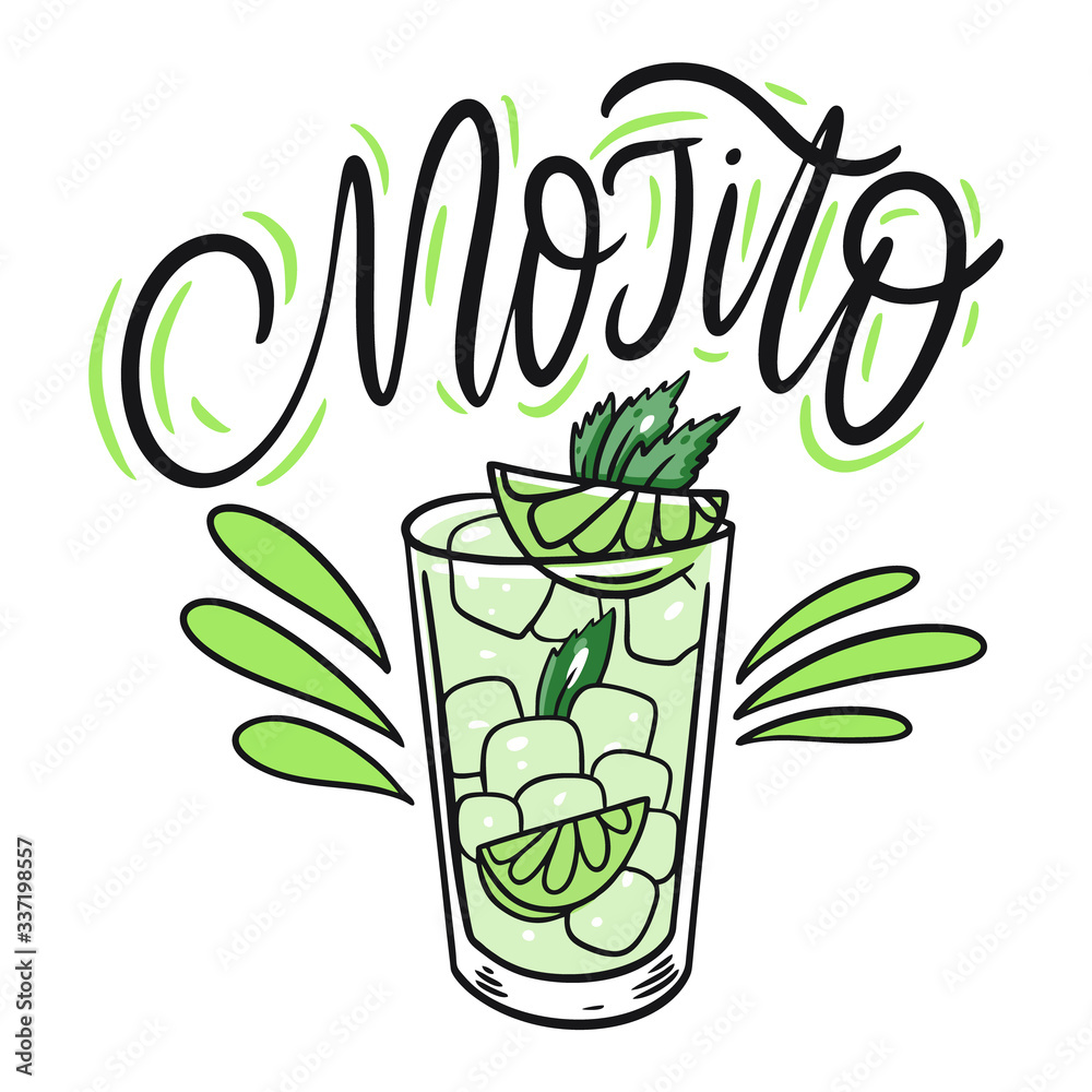 Naklejka premium Mojito cocktail and lettering. Colorful cartoon vector illustration. Isolated on white background.