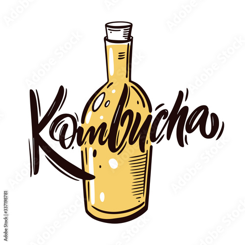 Kombucha tea in bottle. Colorful cartoon vector illustration. Isolated on white background.