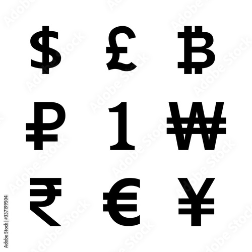 money symbol black set isolated on white, international currency icon graphic flat, golden money symbol for financial clip art, money currency sign others, dollar, euro, baht, yen, one, 1, won, rupee