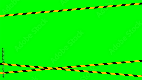 tape line yellow black stripe pattern on green screen background, green screen video and safety strip, warning tape line over green screen colour, ribbon yellow black striped on chroma key screen