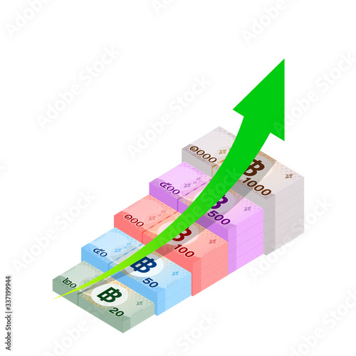 banknote money thai baht, arrow pointing up, success growth concept, currency 1000, 500, 100, 50, 20 THB  isolated on white, money thailand baht and arrow progress finance, paper money with B symbol