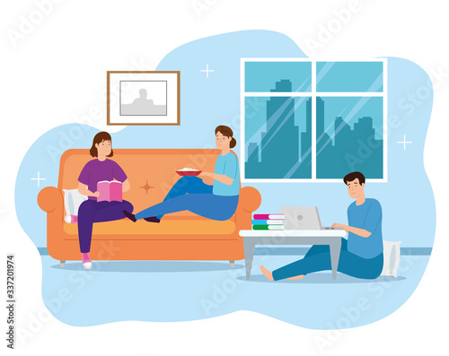 campaign stay at home with people in living room vector illustration design