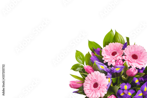 Bouquet of pink gerberas, violet irises and pink, crimson tulips on a white isolated background, view from above. A holiday, a gift for a woman, mom, postcard, free space photo