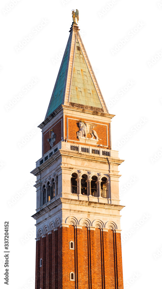 Top of St Mark's Campanile Isolated on White Background. Bell Tower of St Mark's Basilica in Venice.