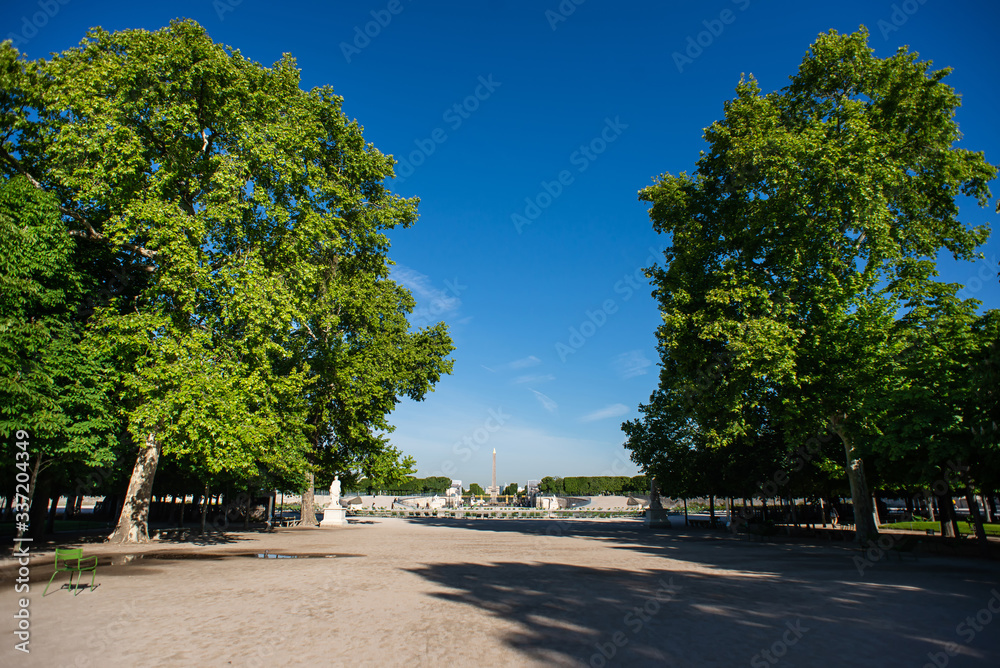 Tuileries Garden with Luxor Obelisks on Background in a Sunny Spring Day in Paris.