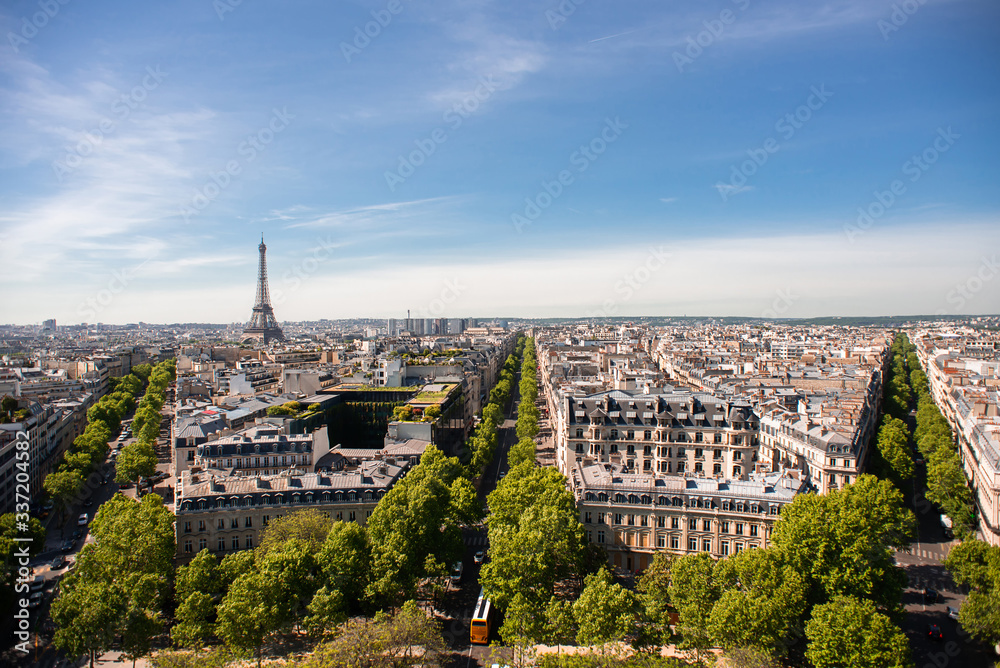 Beautiful Panoramic View of Paris with Eiffel Tower from Roof of Triumphal Arch.