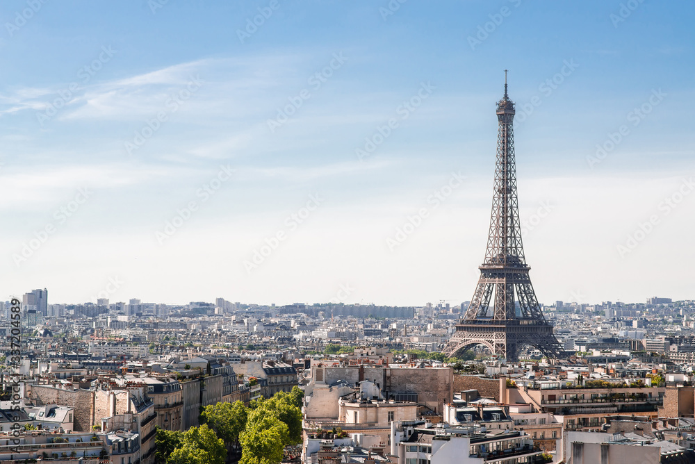 View on Eiffel Tower from Arc de Triomphe in Paris.