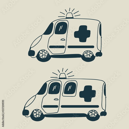 Set of ambulances. Sketch ambulance. Drawn by hand. Coloring book for children. Vector.