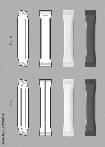 Set of stick pack for products of the food and cosmetic industry on grey background. Realistic and contour vector illustration. Possibility use for granulated, powder products. Coffee, 3 in 1, sugar.