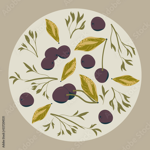 Seamless pattern of cherries, leaves and branches. Ripe cherry. Background. Print for fabric and wrapping paper. Vector.