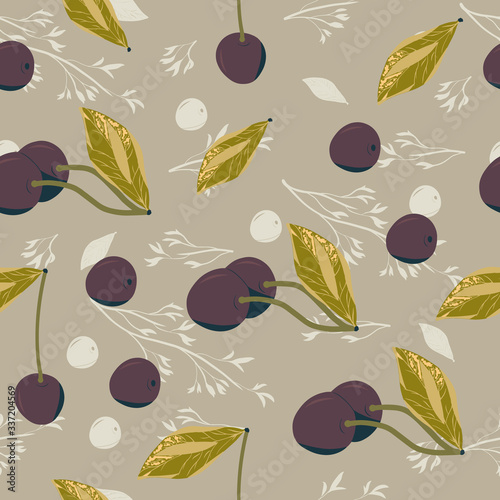 Seamless pattern of cherries, leaves and branches. Ripe cherry. Background. Print for fabric and wrapping paper. Vector.