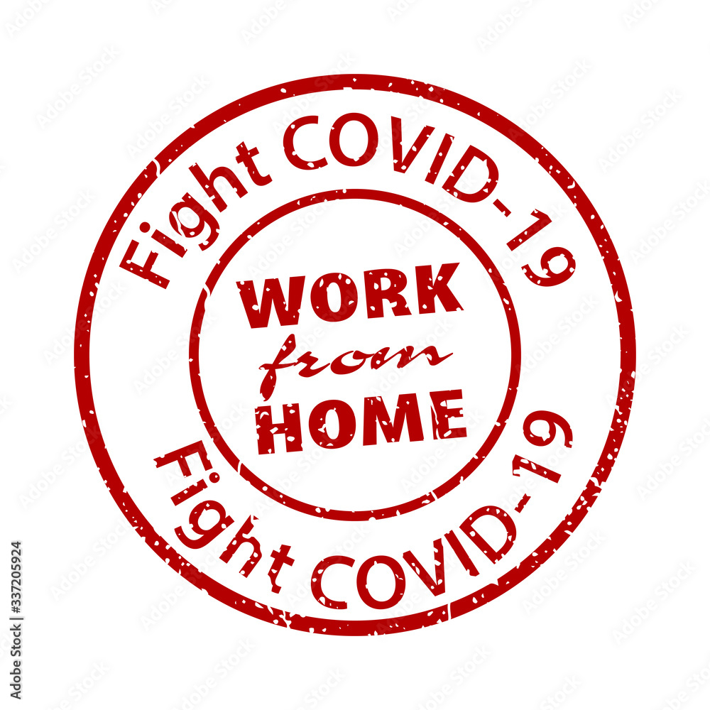 Work From Home rule red square rubber seal stamp on white background.  Stamp Work From Home rubber text  inside.  Fight COVID-19. Covid-19 infection sign. EPS 10