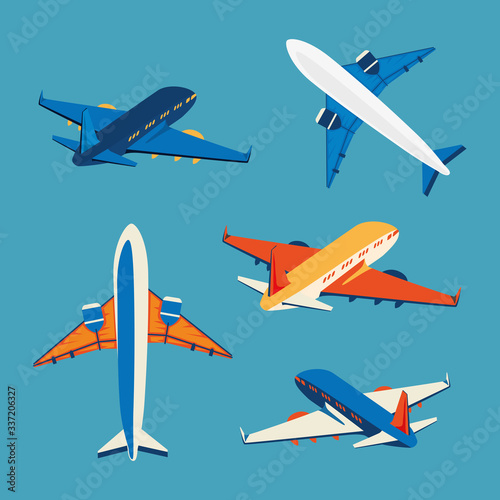 set of airplanes flying transport icons vector illustration design
