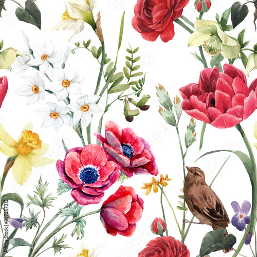 Beautiful vector floral summer seamless pattern with watercolor red and yellow flowers. Stock illustration.
