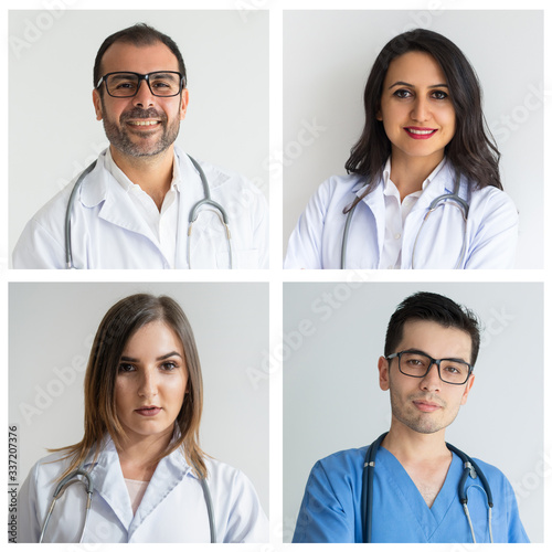 Hospital staff doctors portrait set. Positive men and women of different races and ages in medial uniforms multiple shot collage. Medicine concept photo