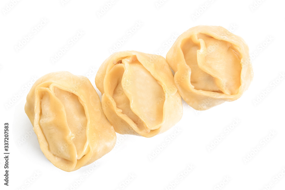 Tasty oriental dumplings on white background