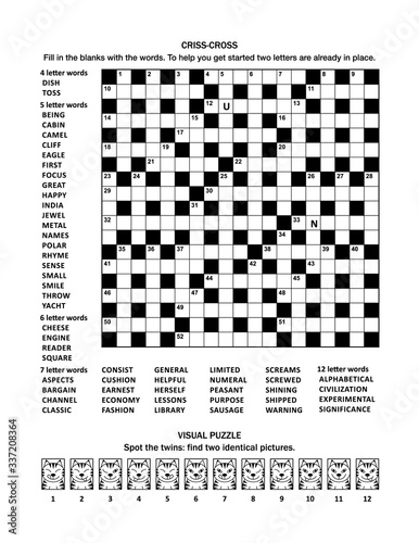 Puzzle page with 19x19 criss-cross (fill-in) crossword word game (English language) and visual puzzle with cats: Spot the twins: find two identical pictures.
 photo