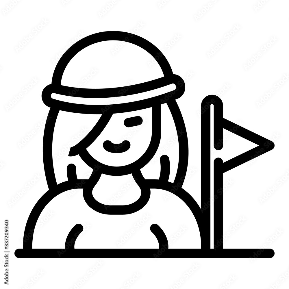 Tourist girl and flag icon. Outline tourist girl and flag vector icon for web design isolated on white background