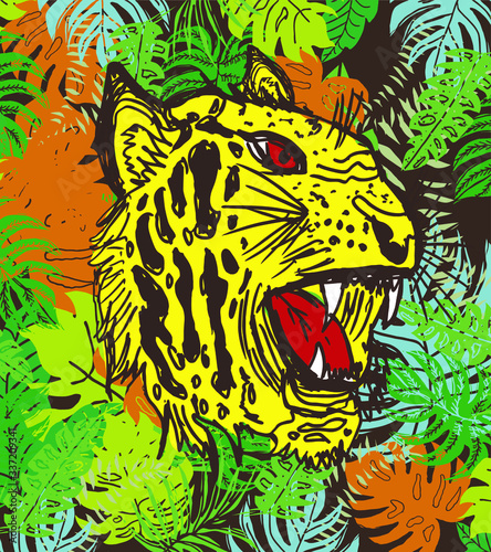 Tropical flower leaf background tiger head graphic design vector art