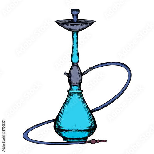 Color sketch cartoon illustration of hookah with hatching isolated on a white background. Rest and relaxation. Vector object for logos, icons, infographics and your design.