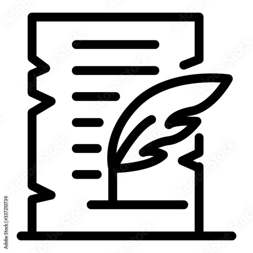 Parchment and feather icon. Outline parchment and feather vector icon for web design isolated on white background