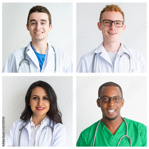 Cheerful diverse clinic staff portrait set. Young men and women of different races in medial uniforms shot collage. Medicine concept photo