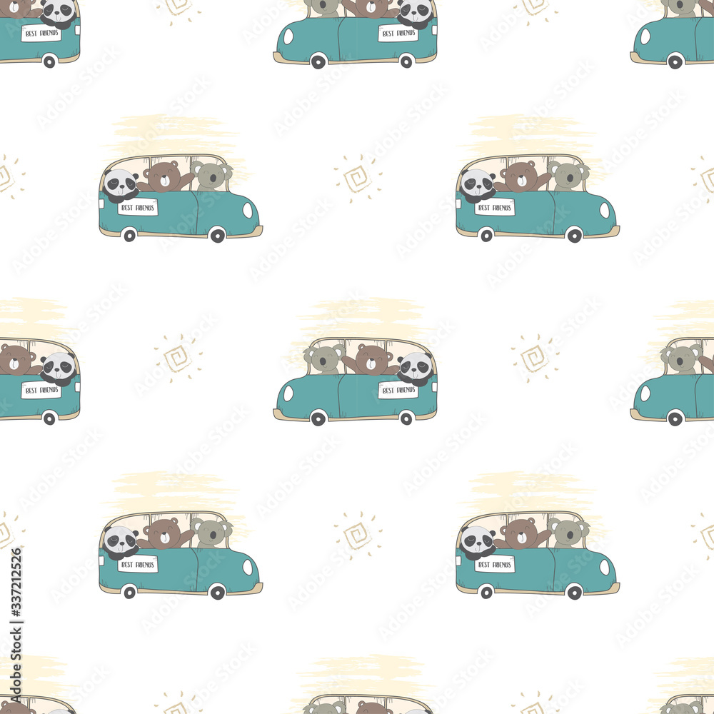 Kids baby pattern of animals driving a car in the white backdrop Kids baby pattern of animals driving a car in the white backdrop
