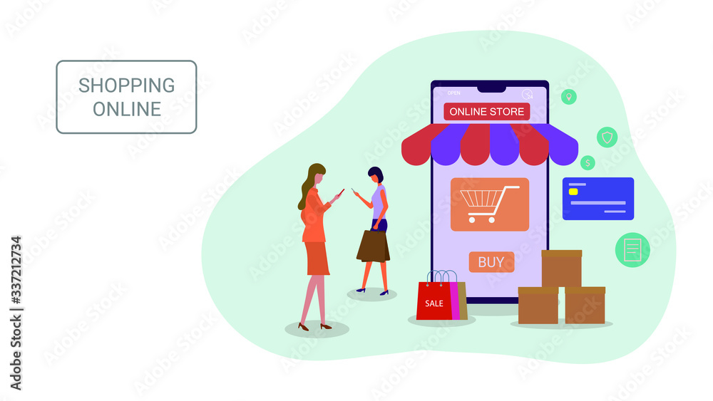 People are shopping online. Design for websites, landing pages, UI, mobile applications, posters, banners. Vector illustration flat design concept . People are shopping online. Design for websites, landing pages, UI, mobile applications, posters, banners. Vector illustration flat design concept .