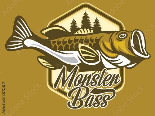 Illustration of a bass with fins, tail and open mouth
