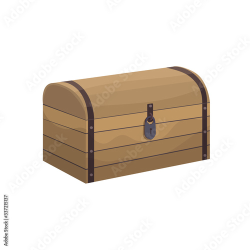 Vector illustration of a vintage wooden chest in cartoon style. Large Chest with a round lid and a padlock For treasures and pirates, as well as for storing things or products