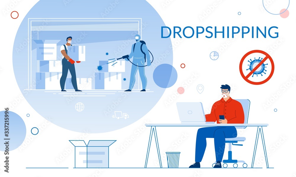 Dropshipping in Global Covid19 Pandemic Condition. Parcel Box Disinfection Sanitization Before Shipment. Man Do Online Purchase on Quarantine. Deliveryman in Protective Clothes, Facemask, Glove