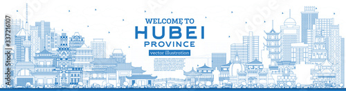 Welcome to Hubei Province in China. Outline City Skyline with Blue Buildings.